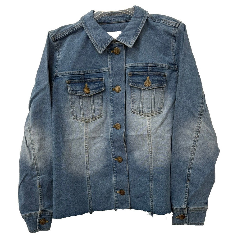 NWT Christopher & Banks Size XL Denim‎ Jean Jacket Medium Fade Wash Raw Hem